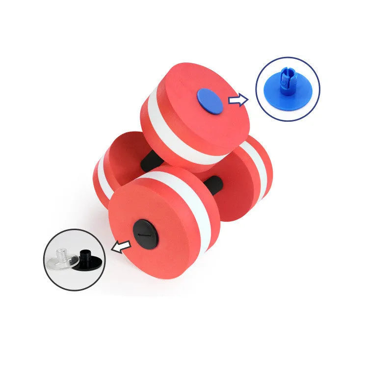 Pair of Rose Red EVA foam water aerobics dumbbells measuring 15cm with snap-type assembly