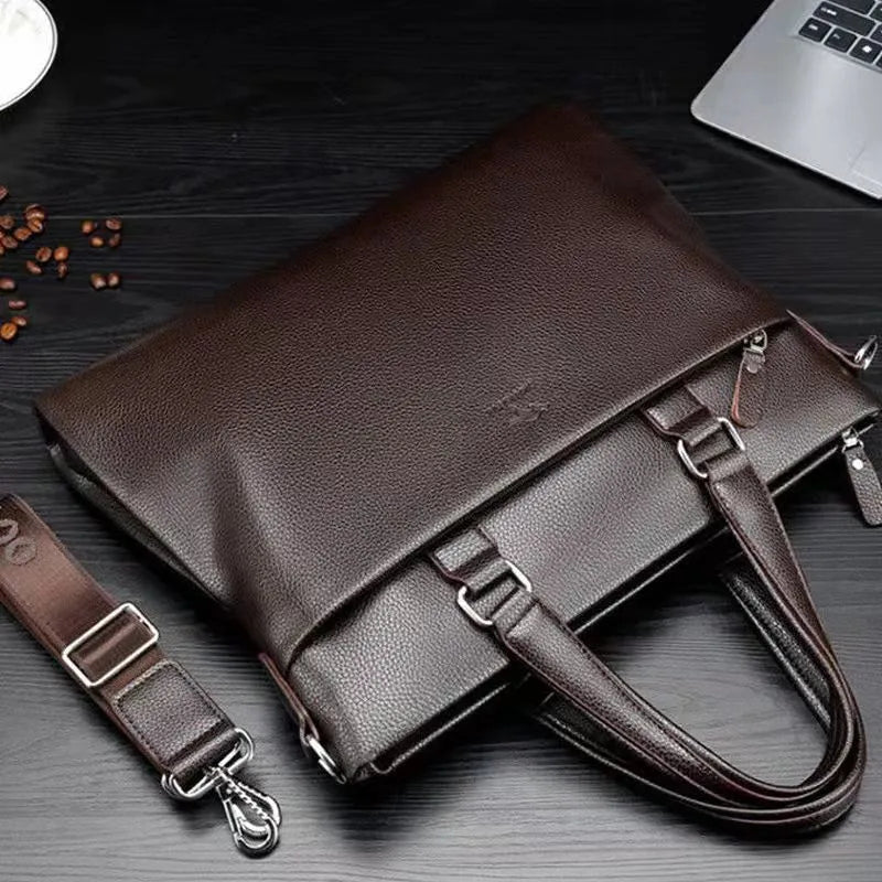 Men's PU leather business messenger bag with splicing detail, measuring 35x30x4cm