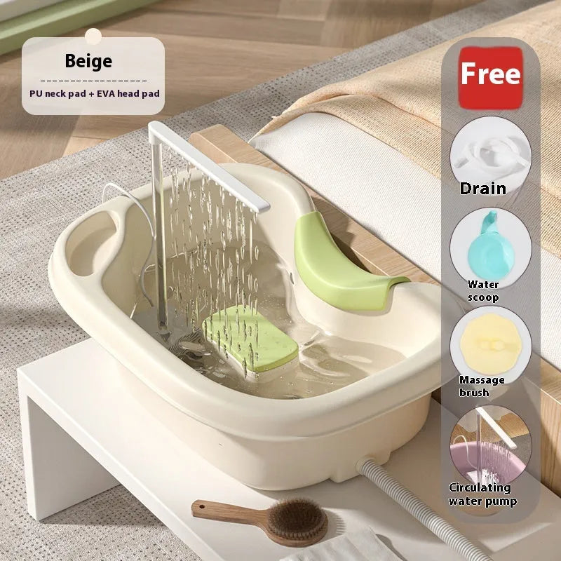 Light pink shampoo basin with circulating water pump and massage brush for bed hair washing
