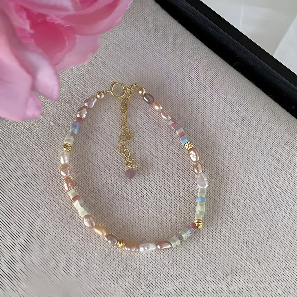 Purple pearl bracelet and matching necklace set with irregular freshwater pearls on gold gilded silver