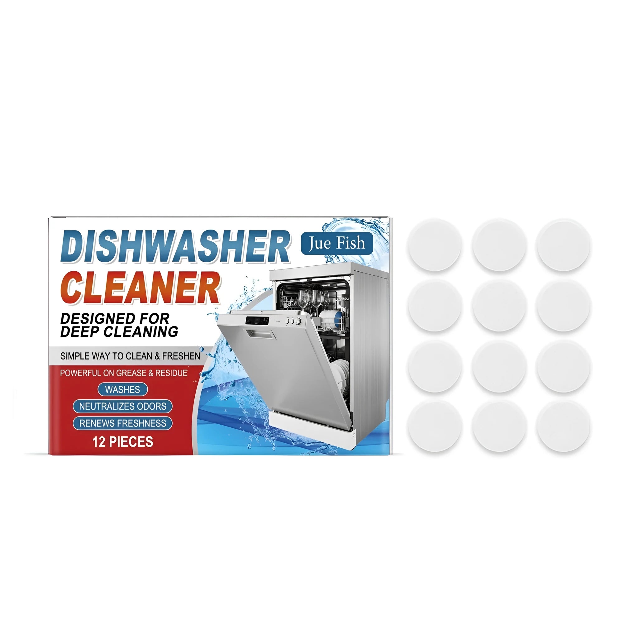 Pack of 12 household dishwasher cleaning tablets for descaling and grease removal