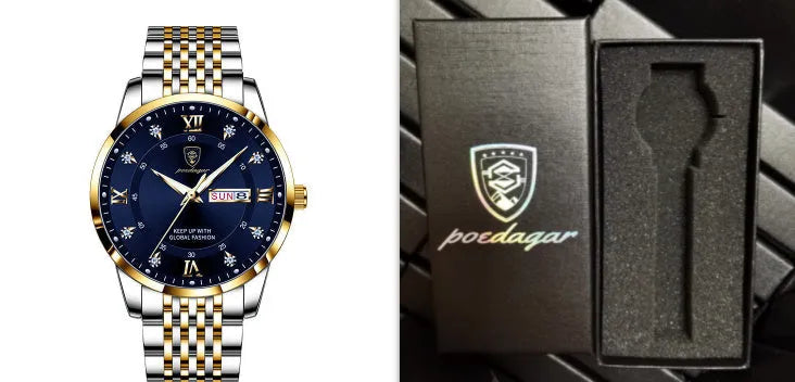 Men's quartz watch with 43mm round dial, sapphire crystal, stainless steel strap, blue face, luminous hands and calendar display