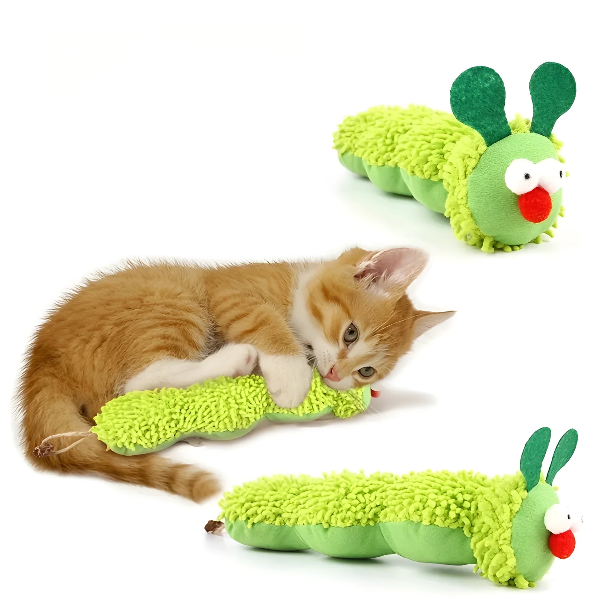 Green interactive rechargeable plush cat toy pillow measuring 24cm long
