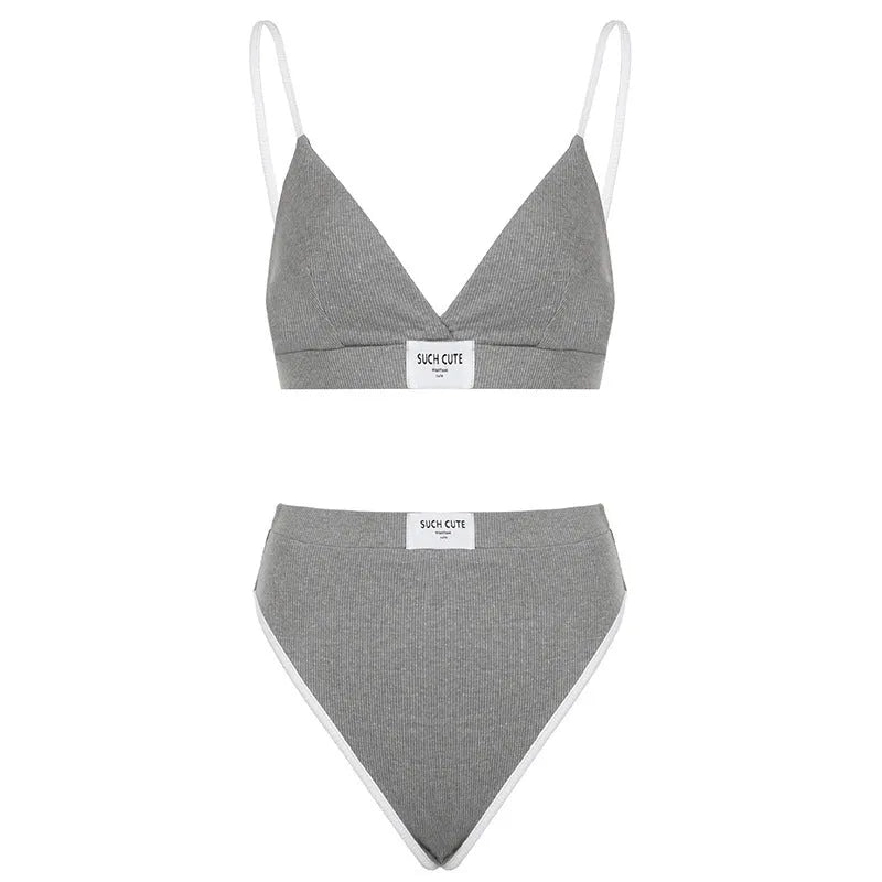 Women's grey embroidered contrast colour binding letters bikini set on a white background