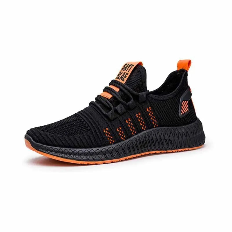 Men's low-top casual trainers with Flying Weave upper, cross straps, and striped pattern in black, orange, or yellow.
