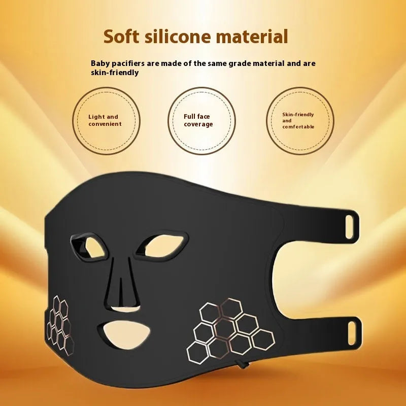 Black LED photon therapy mask with neck extension for facial skincare treatment
