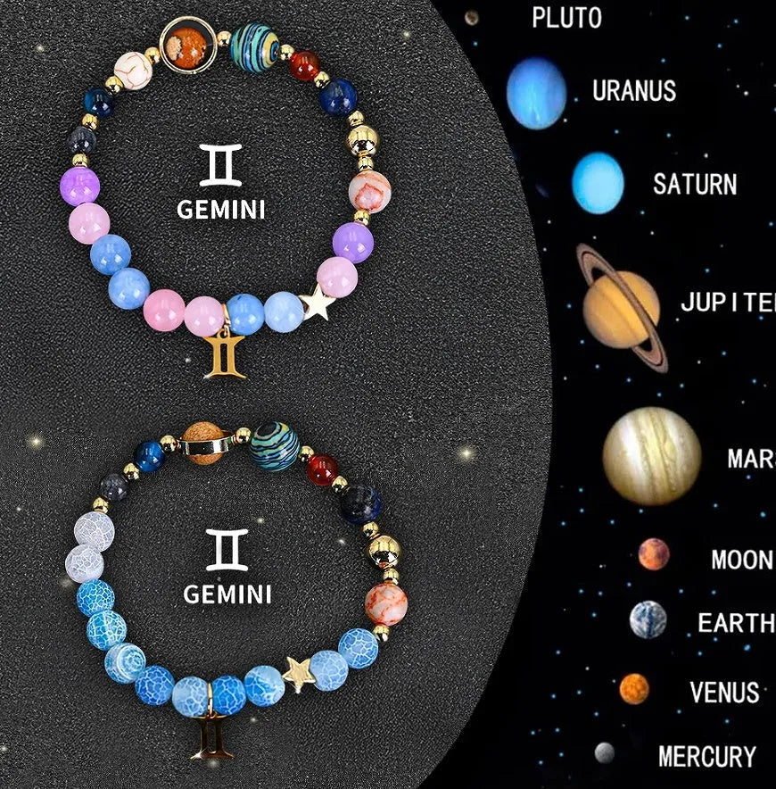 Set of twelve natural stone beaded bracelets, each with a different zodiac sign charm.
