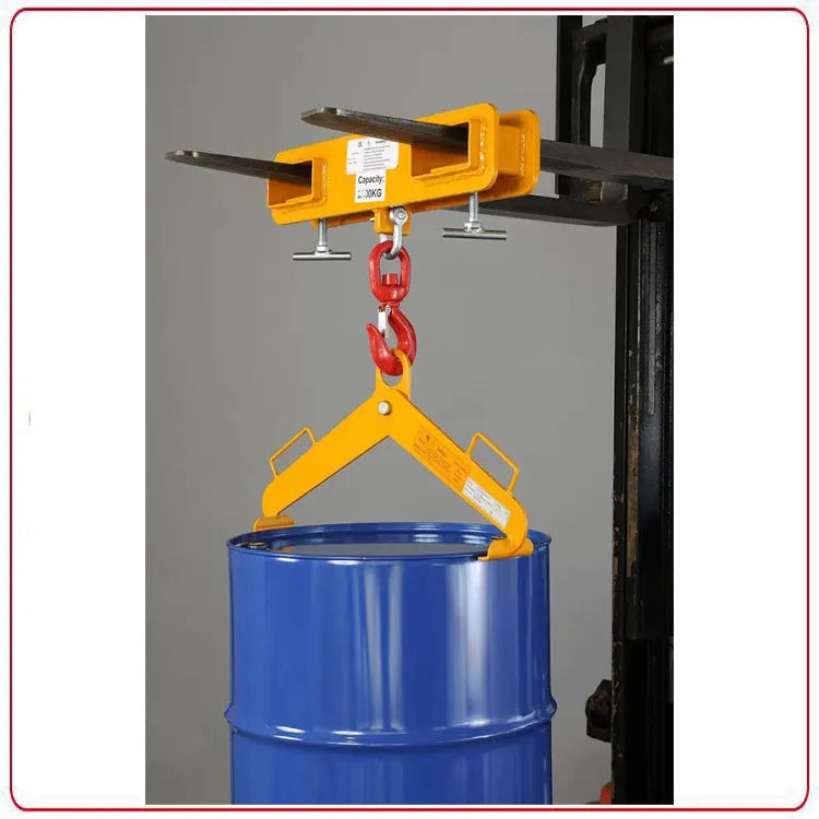 Forklift crane hook attachment with rotatable drum and safety locking mechanism
