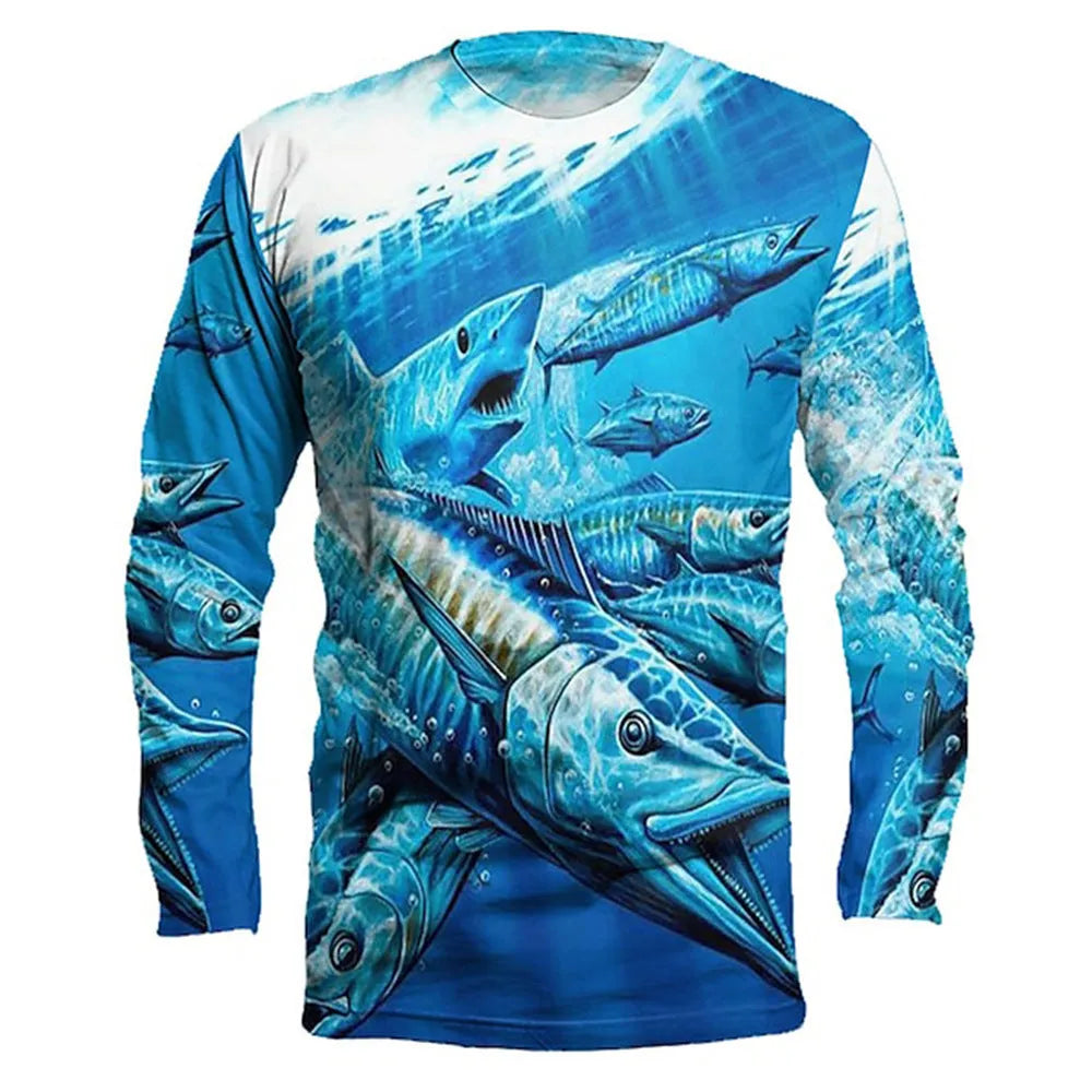 Men's grey round neck pullover top with an all-over printed fish pattern on the front and sleeves.