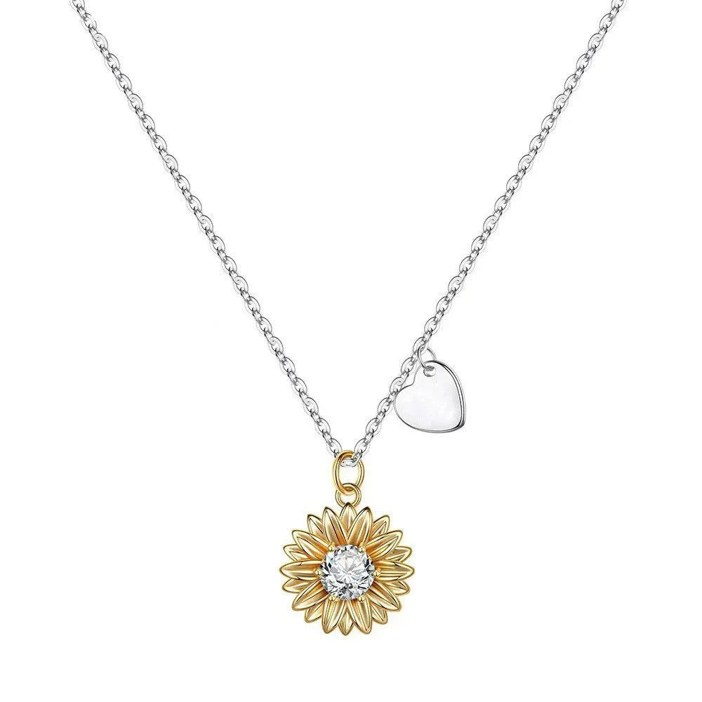 925 silver sunflower necklace with geometric pendant on adjustable cross chain