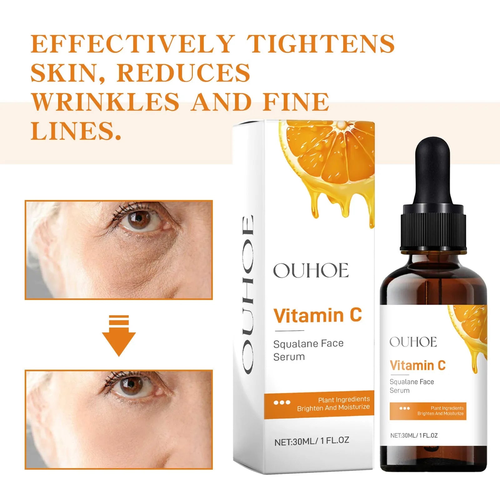 Squalane face serum in a PET bottle with vitamin C, hyaluronic acid, collagen for hydration, 3x3x10.5cm