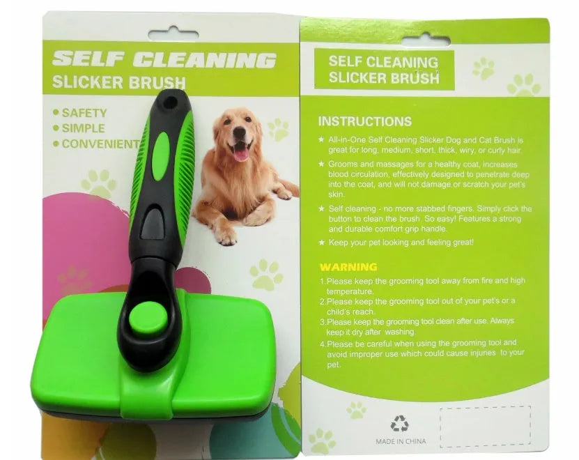 Pet self-cleaning slicker brush with stainless steel needles and TPR handle, green colour