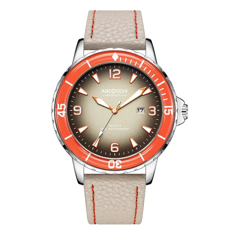Casual digital men's quartz watch with 45mm round dial, calendar, mineral glass, and spiral crown on light background