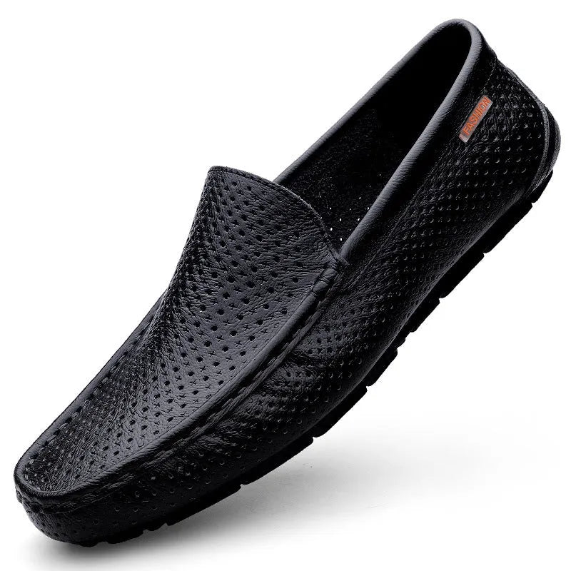 Men's casual leather shoes in black with soft cowhide upper, non-slip rubber sole, and tall crown design