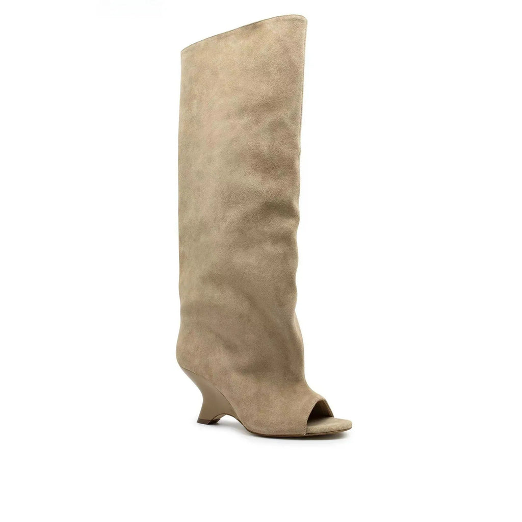Women's peep toe wedge suede sandal boots in apricot, tassel detail, rubber sole
