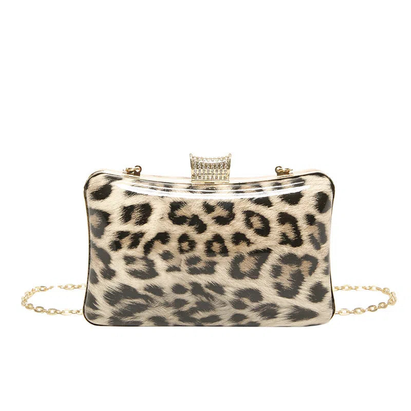 Leopard-print square PU handbag with internal phone pocket, in black and brown colour options