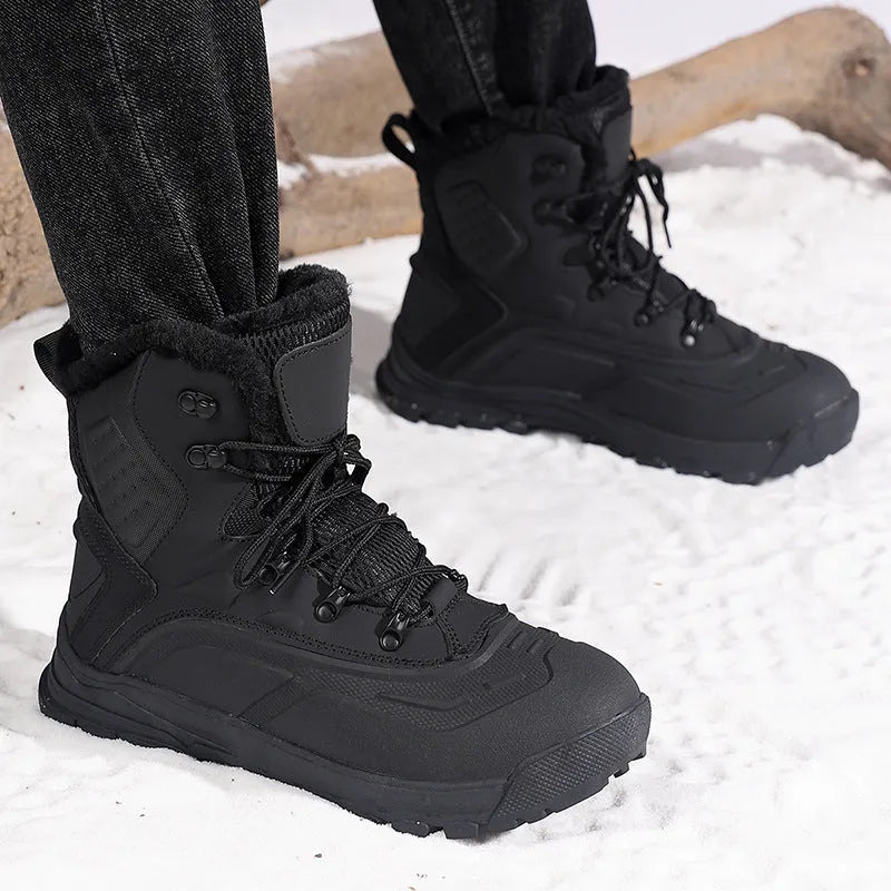 Black plus size men's high-top boots with fleece lining and front lace-up closure on a flat TPR sole.