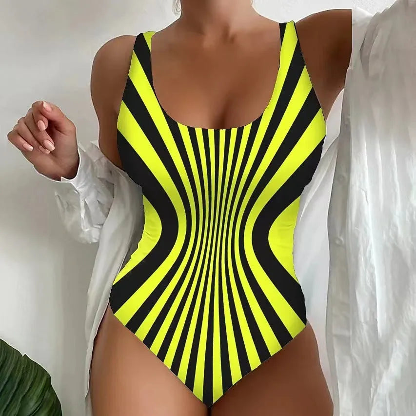 Striped sling one-piece swimsuit for women in fluorescent green, polyester fabric, sizes S to 5XL