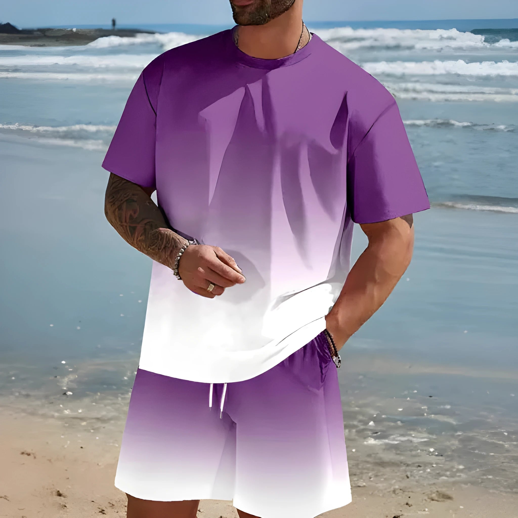 Men's loose fit short-sleeved T-shirt and shorts summer set in polyester fabric