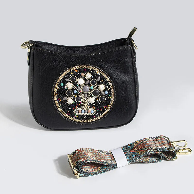 Straw bead turquoise ethnic style tote bucket crossbody bag with flower detail