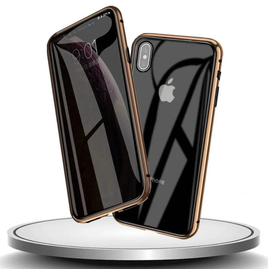 Glass anti-spy phone case with closed clamshell design showing geometric styling