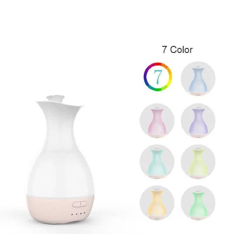White ultrasonic aromatherapy vase humidifier with colourful LED night light and 200ml water tank capacity