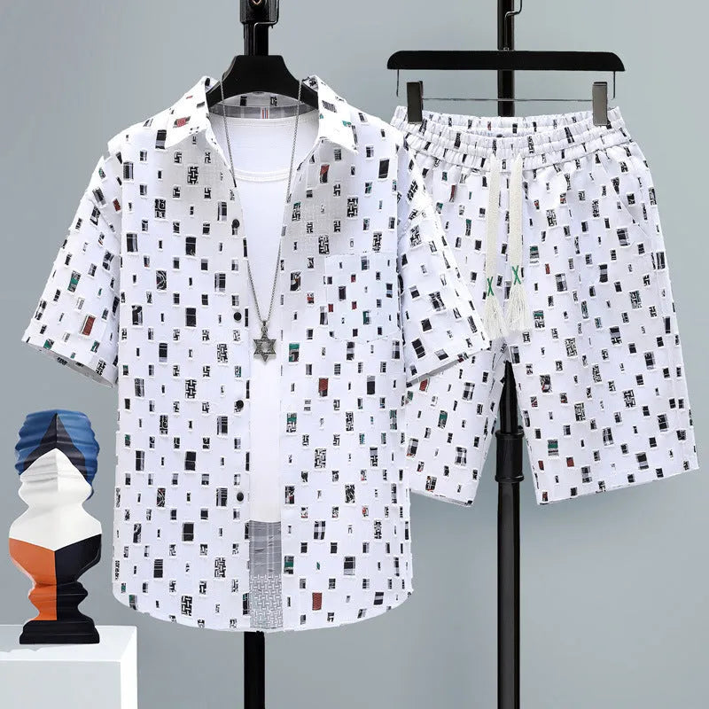 Men's casual sports shorts two-piece set with short sleeve top and matching polyester shorts