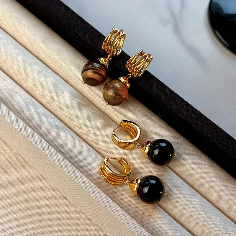 Brown Tigereye stone geometric circle earrings with gold plated Maillard chain in French retro style