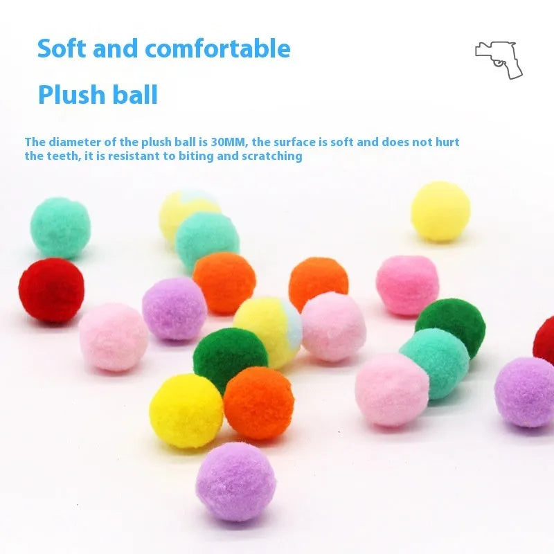 Plush pet launch gun with soft yarn balls for interactive cat and dog play sessions