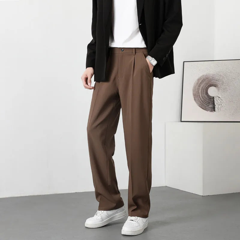 Men's fleece-lined casual trousers in solid colour, mid waist with zipper fly, Ice Silk fabric