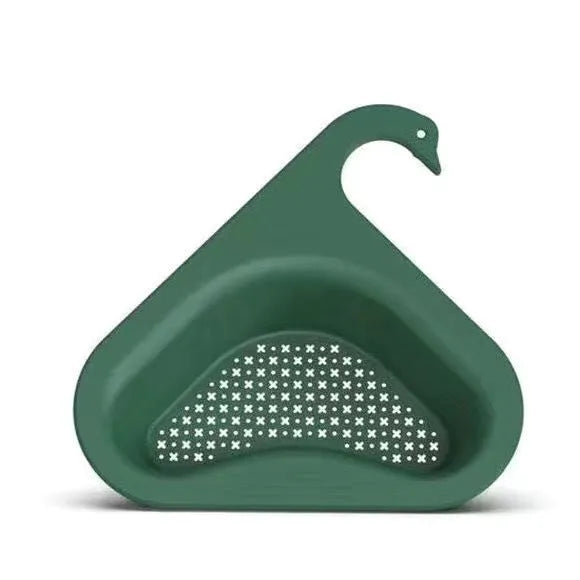 Yellow hanging swan drain basket made of plastic, fitted on a kitchen sink edge with space for vegetables and utensils