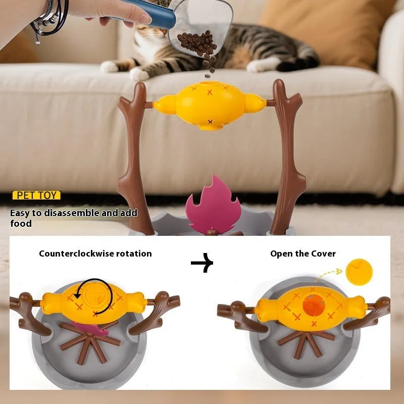 Large barbecue-themed tumbling cat feeder toy for slow feeding and play.