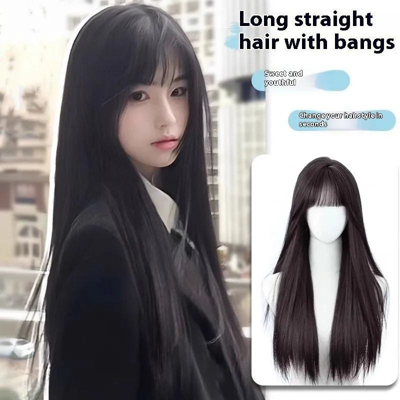 Black long straight synthetic wig with full bang fringe on mannequin head, showing brown-black colour option