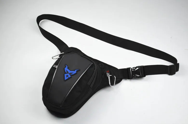 Motorcycle leg bag in 1200D Oxford cloth shown in red, worn on the leg, with adjustable straps and a 29cm x 29cm main compartment.