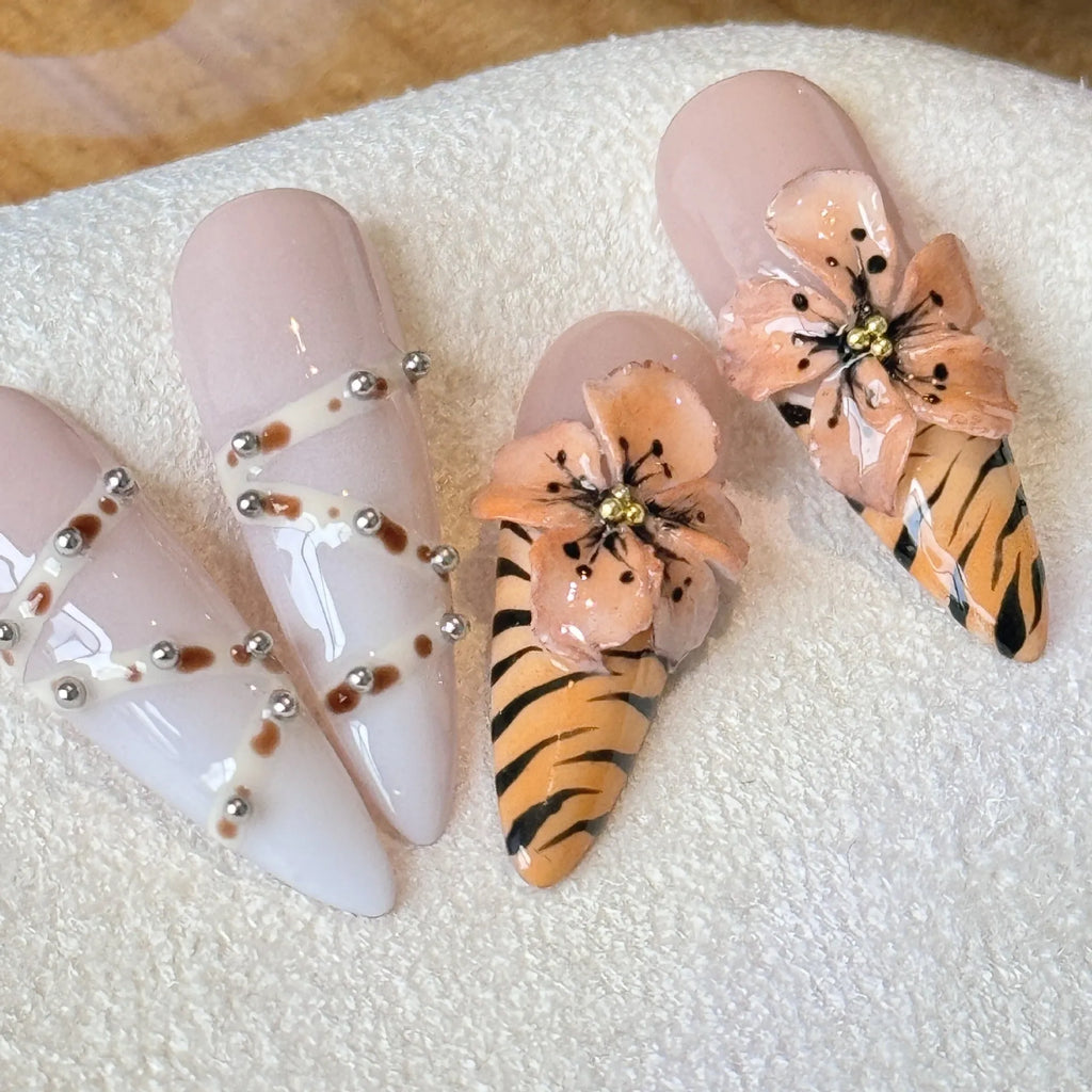 Handmade French style leopard, cross and flower print long tip nail stickers in sizes XS to L.