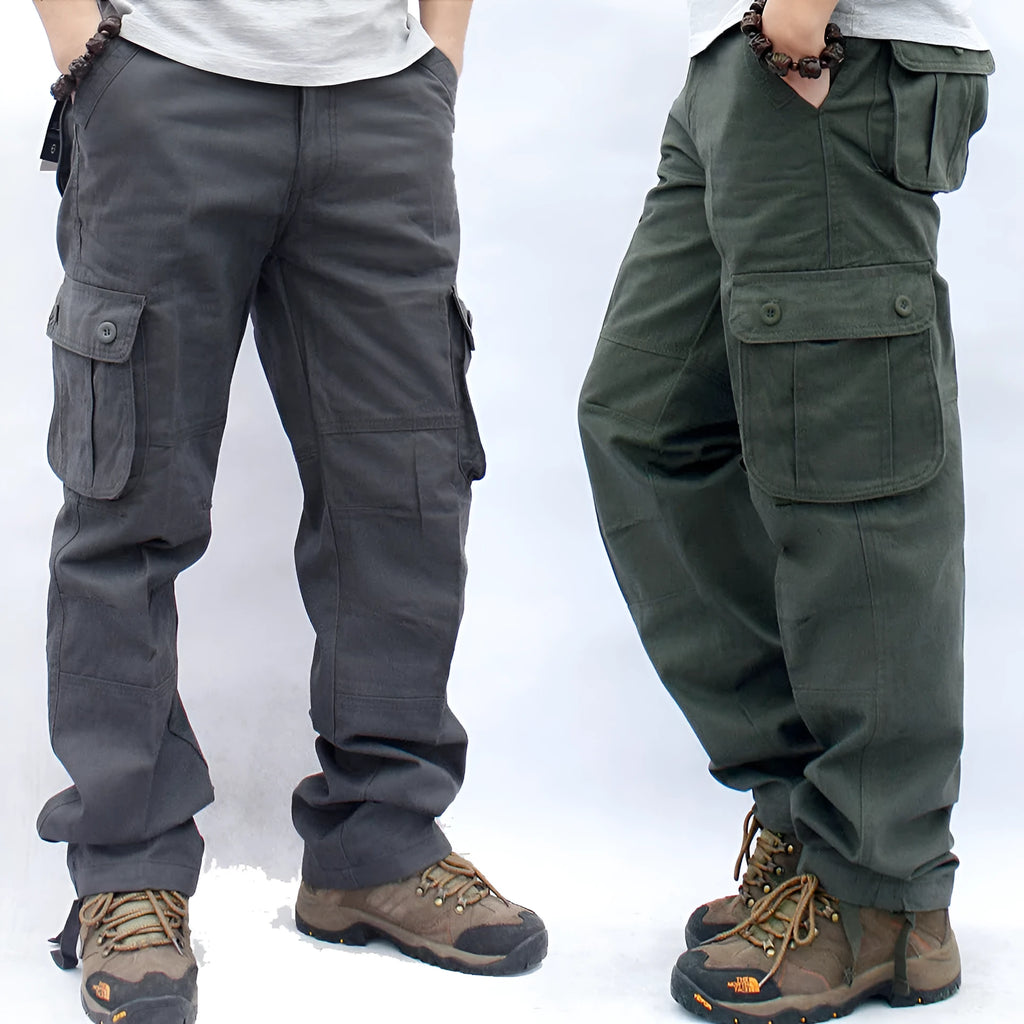 Men's multi-pocket cotton work trousers in solid colour, straight leg, mid waist, zip fly, size L to 5XL