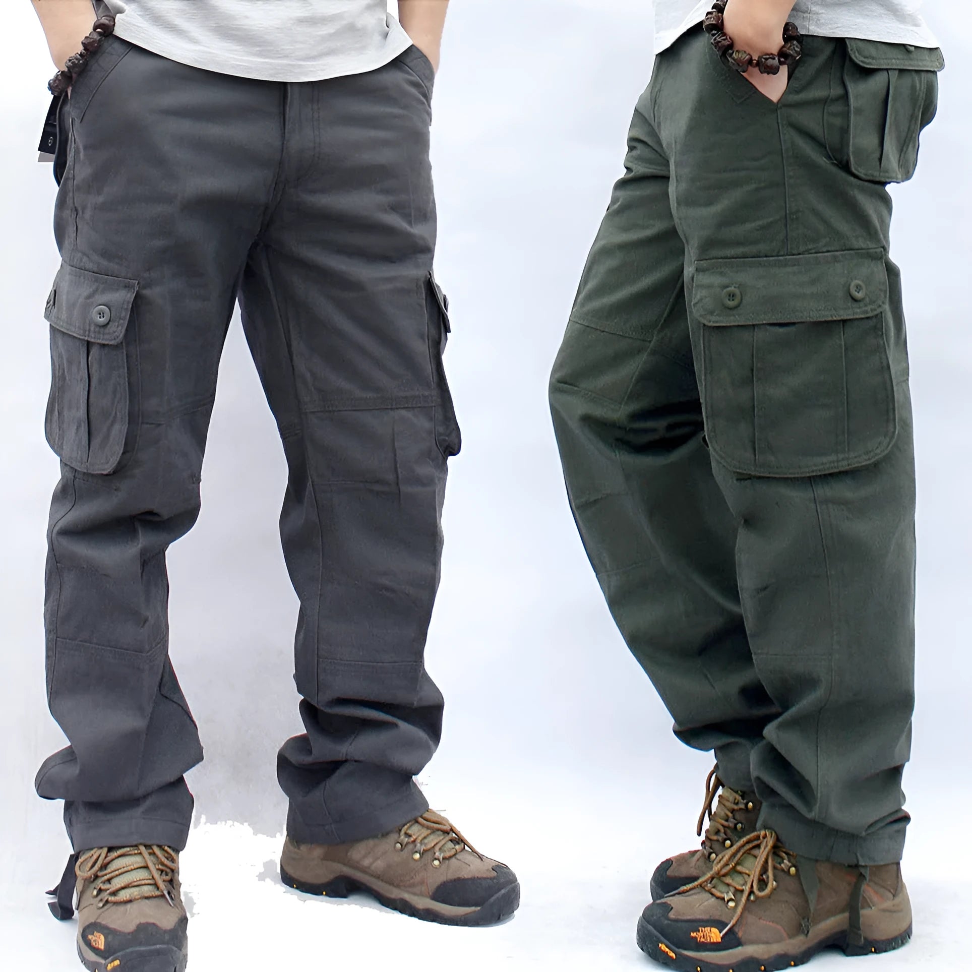 Men's multi-pocket cotton work trousers in solid colour, straight leg, mid waist, zip fly, size L to 5XL