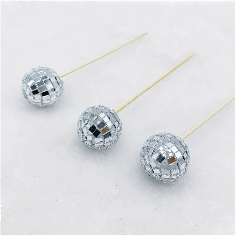 Glass disco ball cake decoration with wooden stick in multiple sizes for celebration cakes