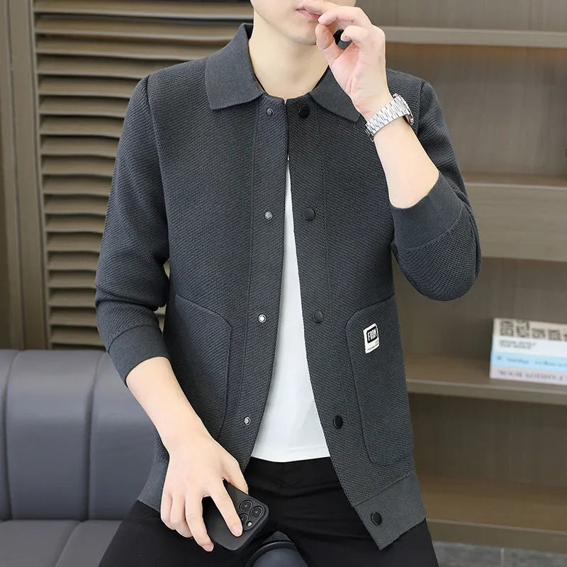 Fashion lapel sweater casual cardigan for youth in gray, black, khaki, loose fit, sizes 165 to 190