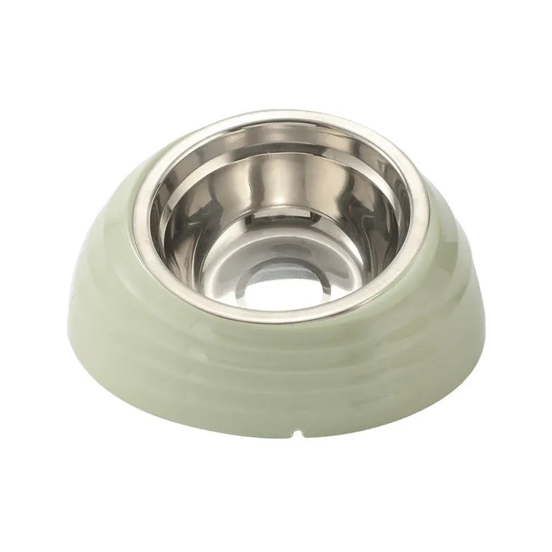 Stainless steel cat bowl in plastic stand available in beige, brown or light green colours