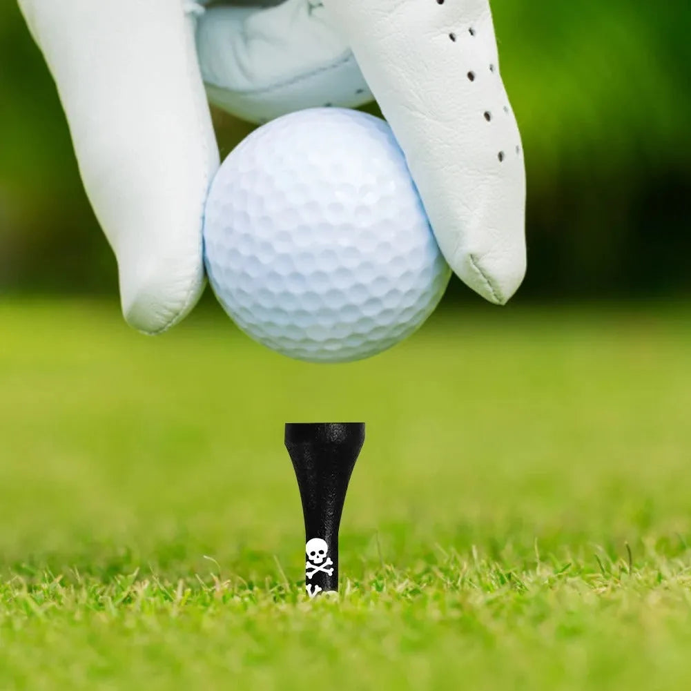 Bamboo golf spike dowel pins with black skull print in 70mm and 83mm lengths