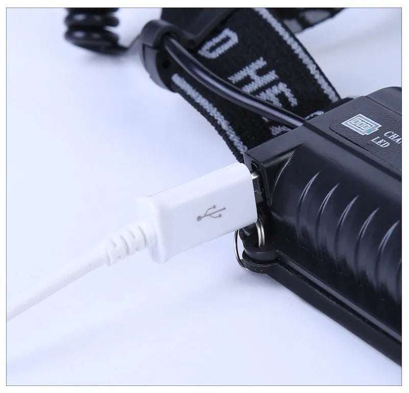 Head-mounted LED torch with long-range beam for outdoor camping and hiking activities.
