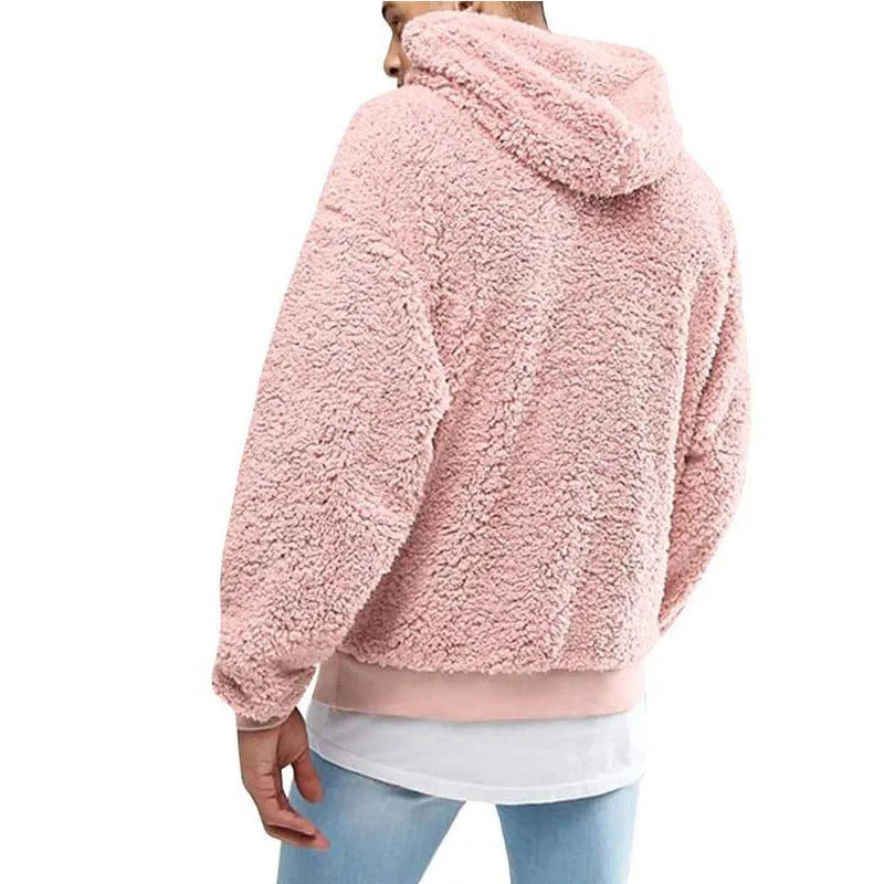 Men's fleece hooded pullover sweatshirt in black, long sleeves, hood, casual winter design