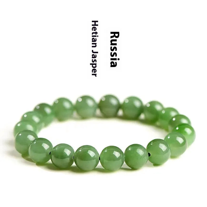 Natural Hetian jade jasper bead bracelet with polished finish in earthy green tones