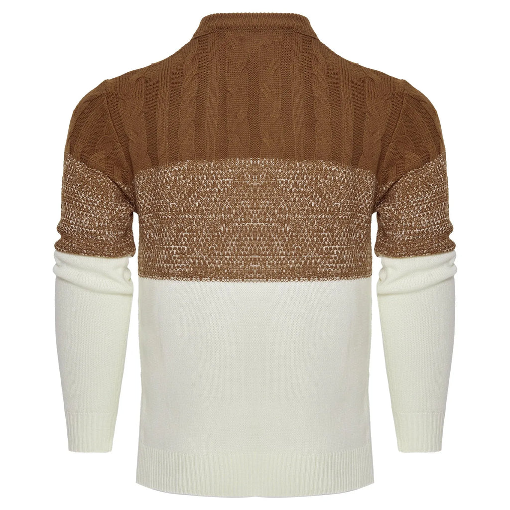 Men's casual colour block long sleeve cable knit pullover sweater in blue, crew neck and textured knit