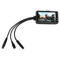 Black motorcycle dash cam with dual lenses and 3-inch screen mounted on handlebars