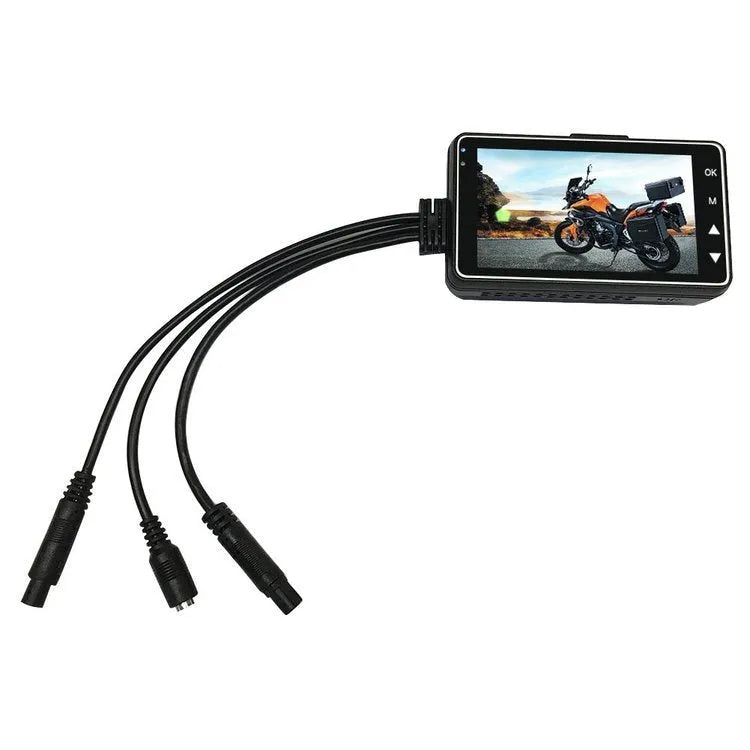 Black motorcycle dash cam with dual lenses and 3-inch screen mounted on handlebars