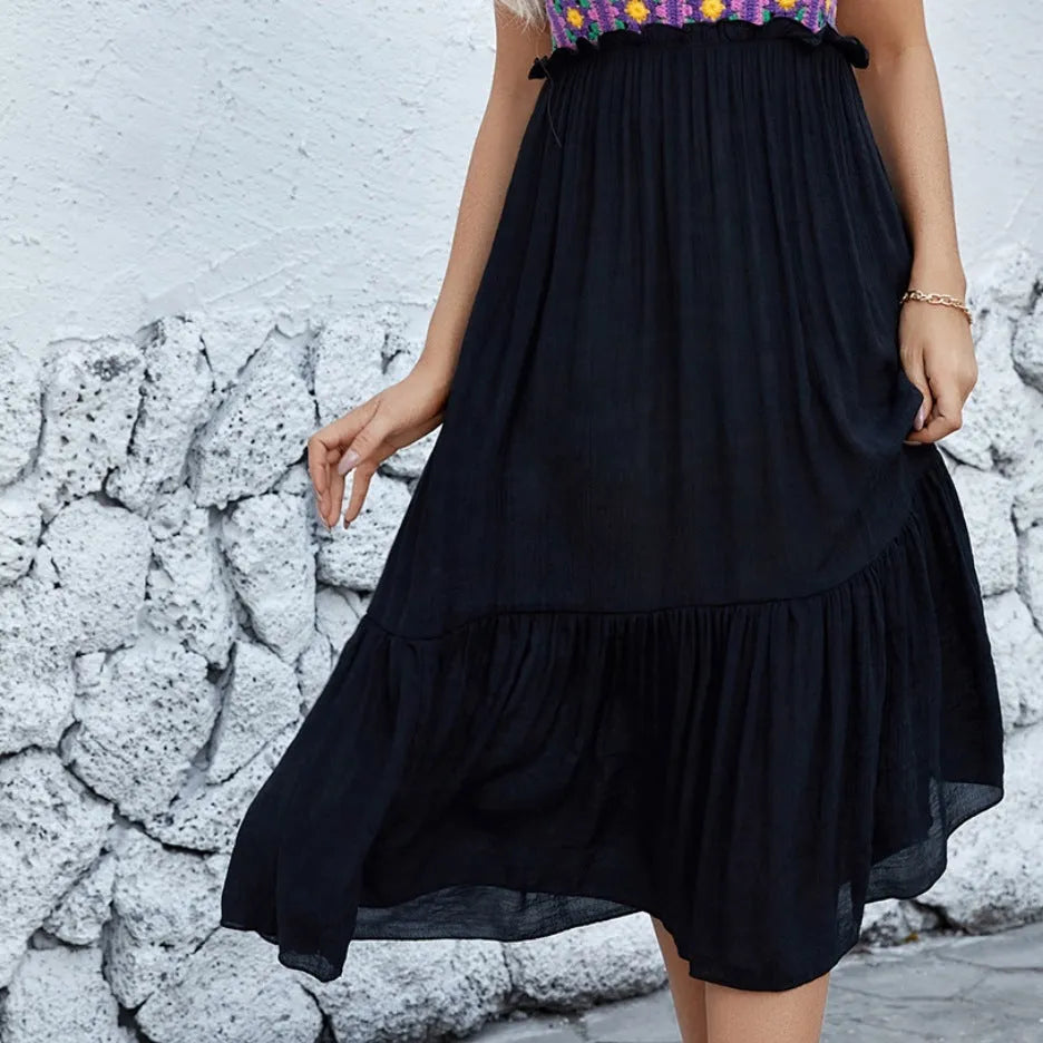 Purple sleeveless dress with hand-hook floral embroidery on cotton-blend fabric
