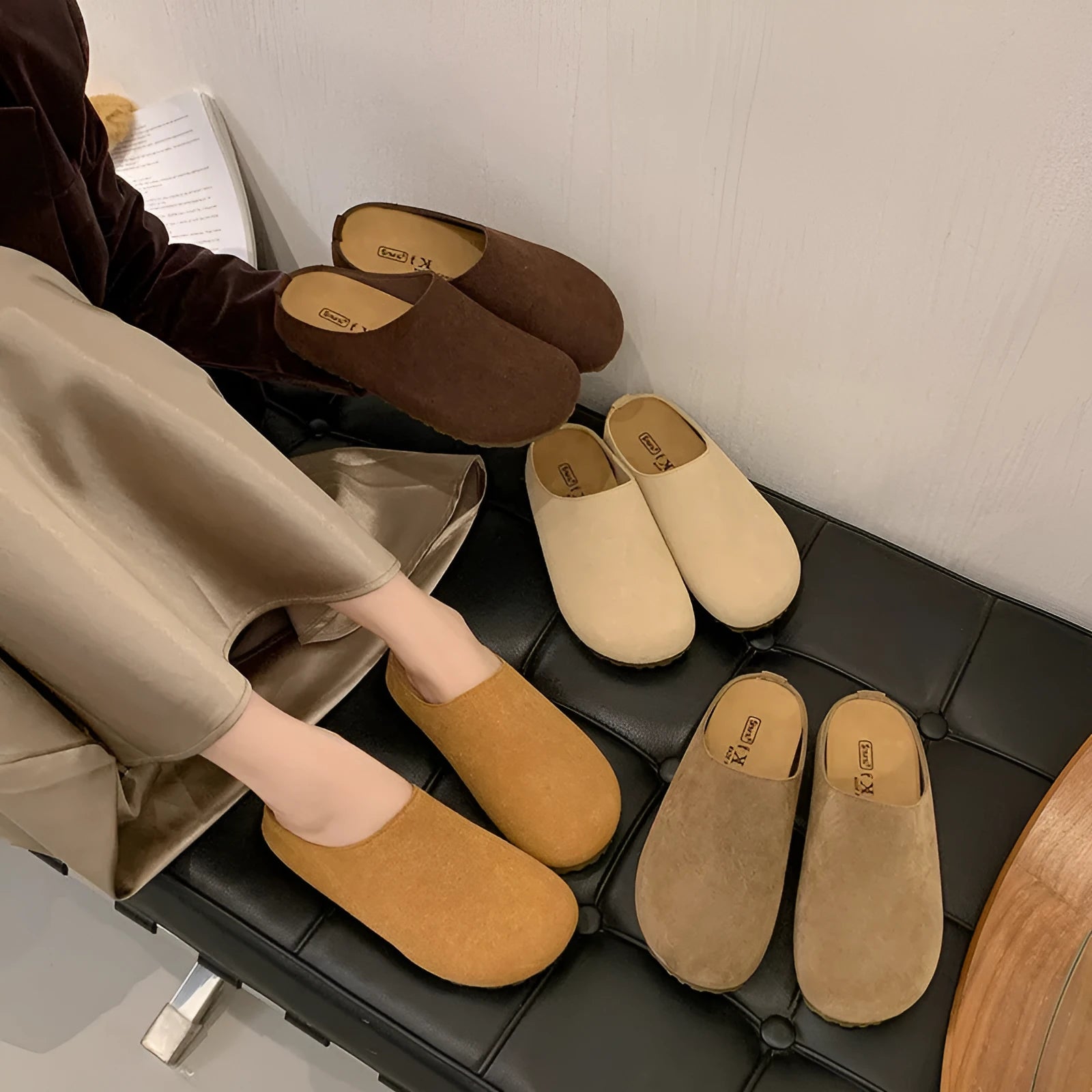 Korean style square toe slippers in apricot, khaki, camel, and brown colours on a soft microfibre upper with PU sole.