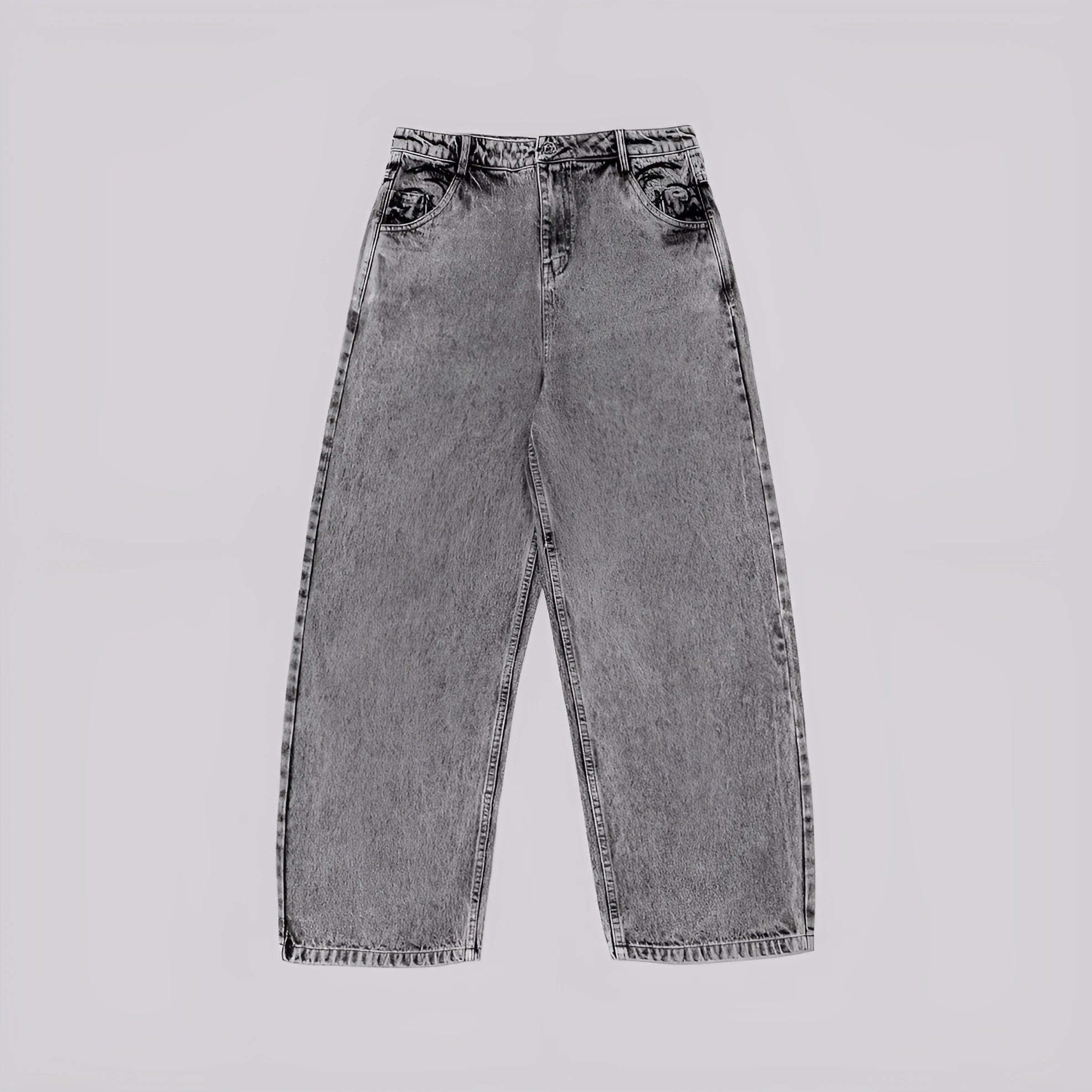 Grey loose fit straight-leg cotton denim trousers on a mid-rise waist mannequin